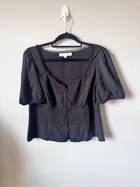 LOFT Black Lace-Trim Puff Sleeve Button-Front Blouse